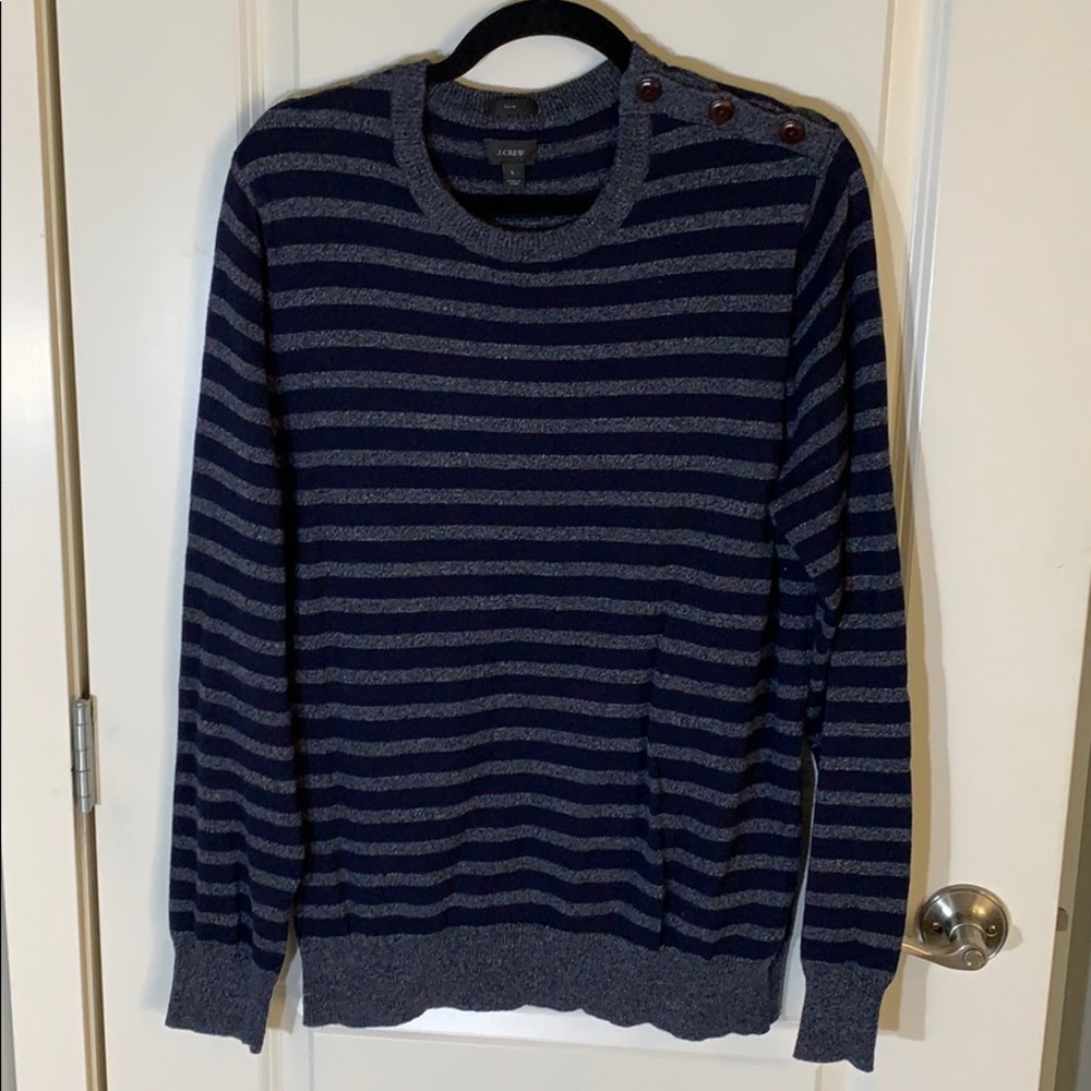 J.Crew striped Navy Sweater with button shoulder